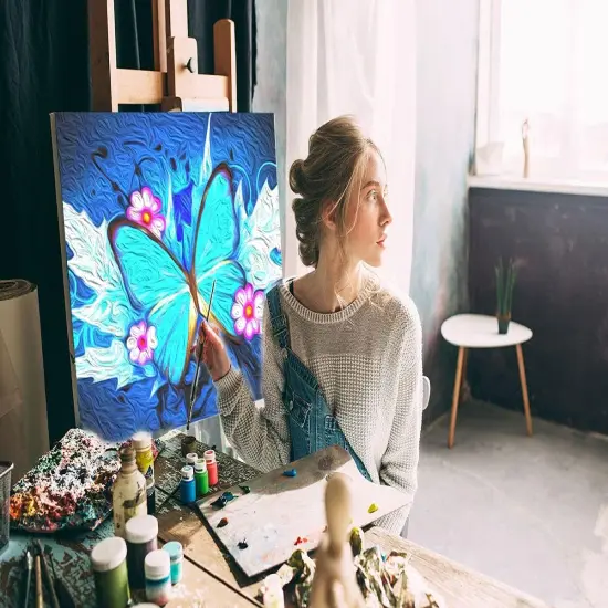 Acrylic Paint by Number Easy for Adults Kids Beginner, Drawing Paintwork with Paintbrushes,Arts Craft Home Wall Decor,Acrylic Pigment-Butterfly Flower 16x16 inch(No Frame) {3}
