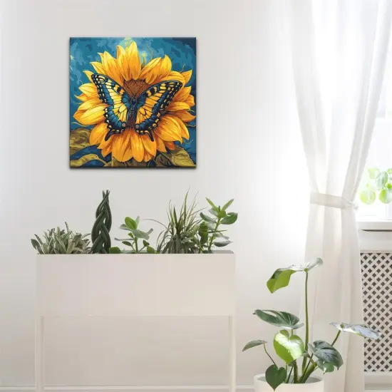 Framed Paint by Numbers on Canvas Flowers Acrylic Paint by Numbers Kits for Adults Beginner Butterfly on Sunflower Pictures Painting Kits Ideal Gift Home Wall Decor 12x12 Inch {3}