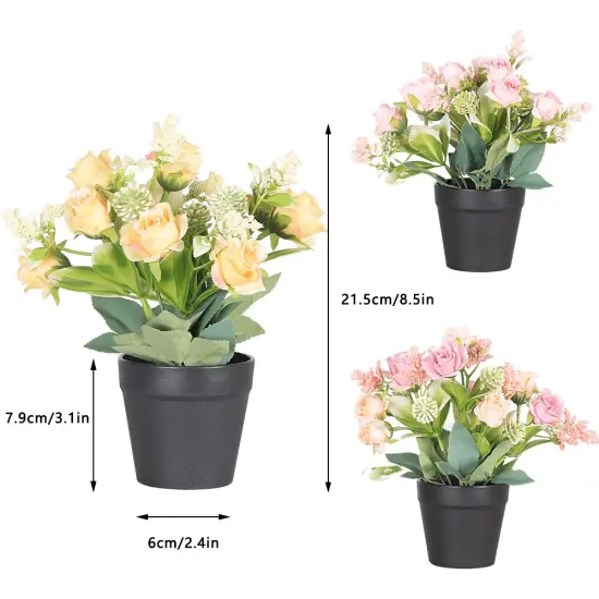 Small Fake Plants 3 Packs - Artificial Rose Potted Flower Plants for Home, Farmhouse, Outdoor, Office, Shelf, and Bathroom Decor {3}