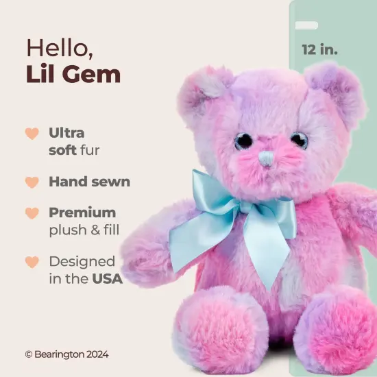 Bearington Rainbow Teddy Bear: Lil Gem Bear, Handsewn 12&rdquo; Plush Animal in Rainbow Pink, Blue and Purple, Made with Ultra-Soft Fur and Premium Fill, Machine Washable, Great Gift for Kids of All Ages Multicolor {2}