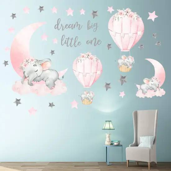 Dream Big Little One Elephant Wall Stickers, Pink Moon Hot Air Balloon Grey Stars Wall Decals for Nursery Kids Room Living Room Bedroom Decorations Home Decor {6}
