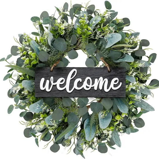 Green Wreath with Welcome in Spring Artificial Eucalyptus Wreath for Front Door Polytype Leaves Wreath {1}