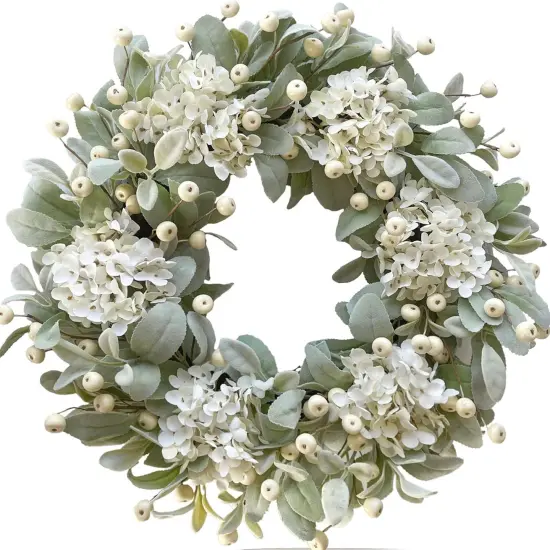 22 Inch Lambs Ears Leaves Everyday Wreath with Ivory Hydrangea and Cream Berries, Spring Summer Greenery Wreath with Burlap Ribbon Bow Knot for Doors, Rustic and Farmhouse Style Home Decor {5}