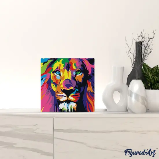 Figured'Art Mini Paint by Numbers Kit for Adults with Frame Lion Pop Art Small format 8"x8" - Craft Art Painting DIY Canvas Already Stretched on a Wooden Frame {2}