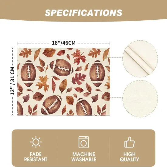 Set of 4 Football Rugby Leaves Fall Placemats - 12x18 Inch (Brown/Orange) {5}