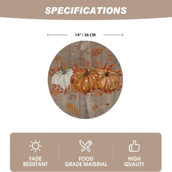 Set of 4 Maple Leaves with Pumpkins Round Fall Placemats - 14 Inch (Wood/Orange) {5}