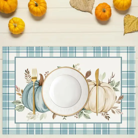 Set of 4 Blue Plaid Pumpkin Placemats - 12x18 Inch {2}