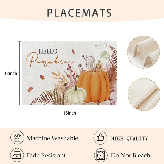 Set of 4 Orange Hello Pumpkin Leaves Placemats - 12 x 18 Inch {5}