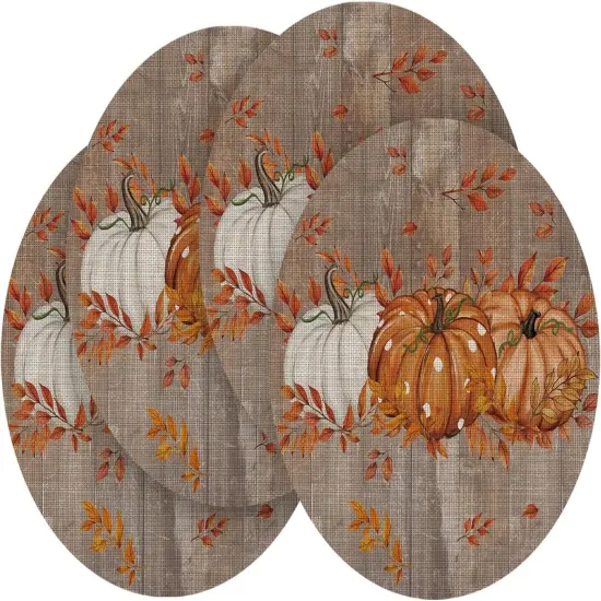 Set of 4 Maple Leaves with Pumpkins Round Fall Placemats - 14 Inch (Wood/Orange) {1}