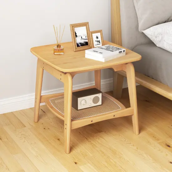 Wicker Sofa Side Table with Faux Rattan Storage Shelf-Natural {3}