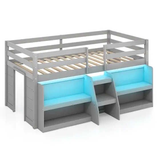 Twin Size LED Lighted Loft Bed with Staircase and Safety Guardrail Perfect for Kids White {8}
