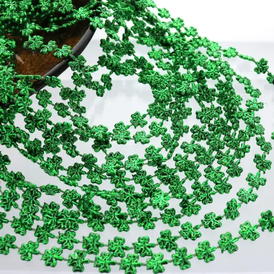12 pack of 33 St. Patricks Day Shamrock bead Necklaces, Mardi Gras Bead Necklaces, Matellic Green Shamrock Clover Bead Necklaces, Party Beads, Costume Jewelry {2}