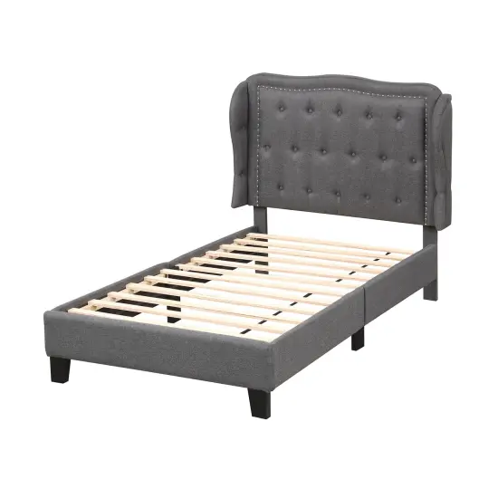 Twin Size Bed Frame with Button Tufted Wingback Headboard and Storage Space-Gray {1}