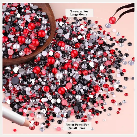 9000PCS Flatback Pearls and Rhinestones for Crafting, Red White Black Mixed Size 3-10mm Resin Rhinestones and Half Pearls for Bedazzling, Nail Art and Decoration with Tweezer and Pickup Pencil {3}