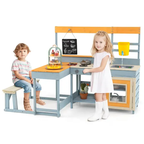 Natural Fir Wood Play Kitchen with Kids Picnic Table and Built-in Bench for Outdoor Fun {5}