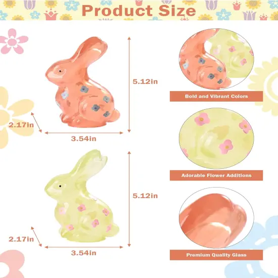 Easter Bunny Decorations Set of 2, Pink and Yellow Glass Rabbit Figurines with Delightful Flower for Spring Tabletop Decor, Indoor Home Decor {2}