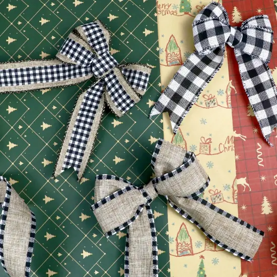 3 Rolls Christmas Buffalo Plaid Ribbon Wired Edge 9.9 Yard Plaid Burlap Ribbon Christmas Checked Burlap Ribbon for Christmas Tree Wrapping Crafts Decoration 1.5 inch Width(Black and White) {3}