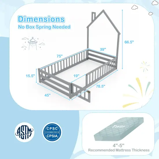 Wooden Twin Size Montessori Floor Bed with Lockable Door Guardrails and House Shape Design Grey {4}