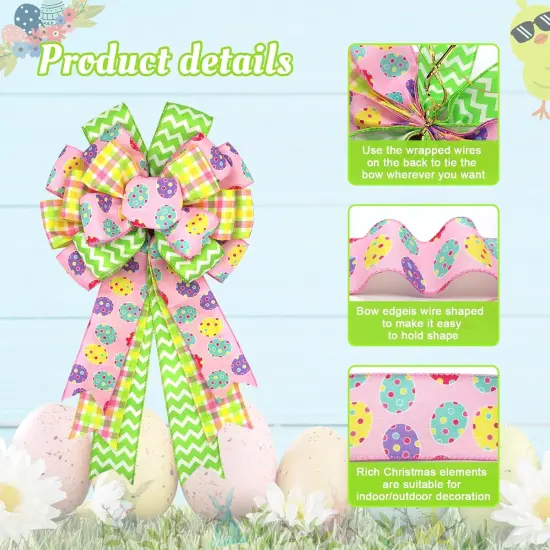 Large Easter Bows for Wreath 20x11 Inch, 2 Pack Pre-Tied Easter Egg Wired Ribbon Bow, Big Tree Topper Bow for Front Door Indoor Outdoor Spring Summer Decoration (Yellow) {2}