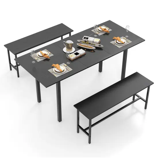 Modern Wooden 3 Piece Dining Table Set for 4-6 with 2 Benches &ndash; Sturdy, Space-Saving Design Black {4}