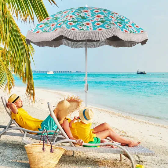 6.5 FT Beach Umbrella with Fringe, Outdoor Tassel Design, Push Button Tilt, UV Protection Green {3}