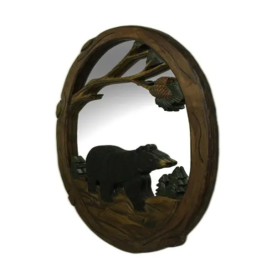 Black Bear in the Forest Hand Crafted Wooden Wall Mirror {3}