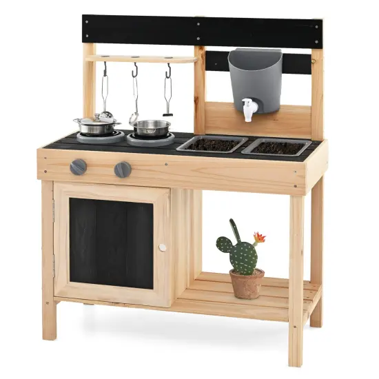 Mud Kitchen Playset Kids Play Kitchen Outdoor with 2 Removable Sinks-Natural {4}