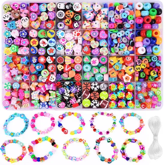 1000PCS Polymer Clay Beads Bracelet Making kit, 24 Style Cute Fun Beads Fruit Flower Animal Cake Butterfly Heart Beads Charms for Jewelry Necklace Earring Making DIY Accessories for Women Girls {1}