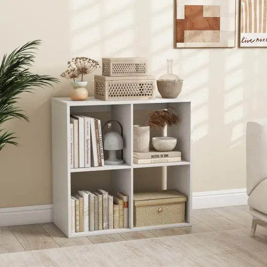 White 4 Storage Cube Bookshelf with Open Back Guardrail for Living Room Bedroom {3}