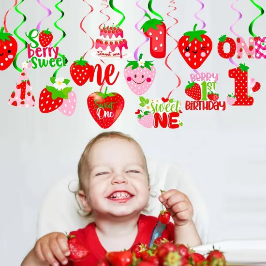 Berry First Birthday Hanging Swirls Strawberry Sweet One Party Decoration 20PCS Strawberry Hanging Streamer Strawberry 1st Birthday Party Decorations for Summer {4}