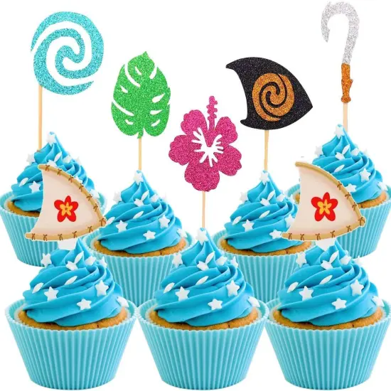 30 Pcs Glittery Moana Inspired Cupcake Toppers Moana Cake Toppers Hawaiian Birthday Party Decoration for Tropical Luau Summer Party Baby Shower Wedding {1}