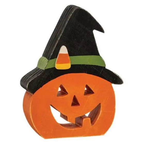 Wooden Jack O&rsquo; Lantern Fall Sitter with Black Hat and Carved Face {1}