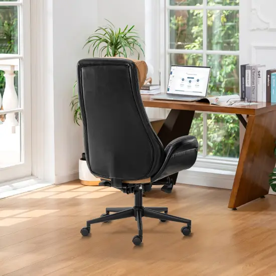 Mid-Century Modern Two-tone color Leatherette Adjustable Swivel High Back Office Chairs Black & camel {3}