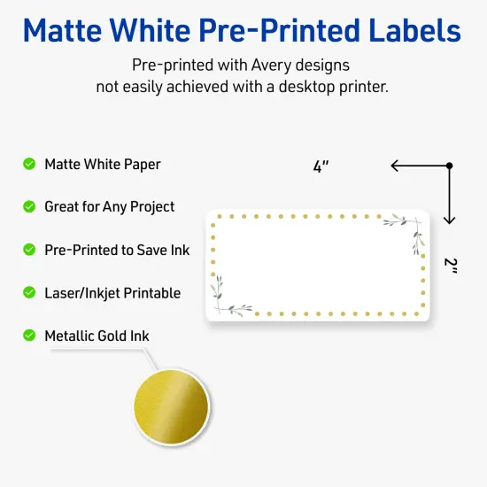 Avery Printable Rectangle Labels, Gold Dots with Green Florals, 2" x 4", Matte White Rectangle Labels, Permanent, Laser/Inkjet, 100ct, Great for Product Labels {2}