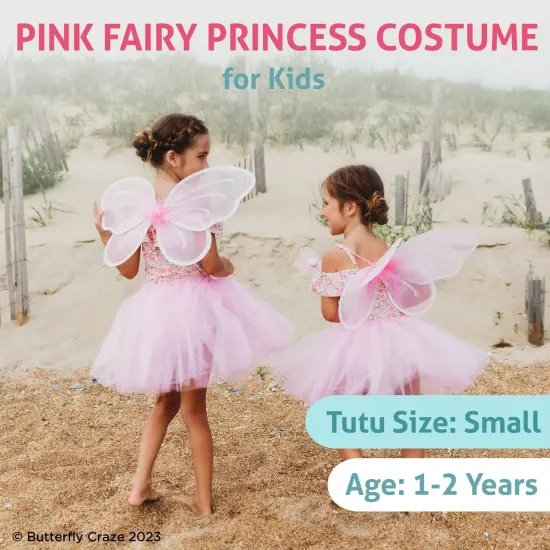Butterfly Craze Fairy Princess Tutu Costume Set - Includes Glittery Sparkle Wings, Tutu Skirt, & Wand for Girls' Dress Up, Pretend Play & Ballet Dance Recitals, For Toddlers and Kids, Pink, Small {2}