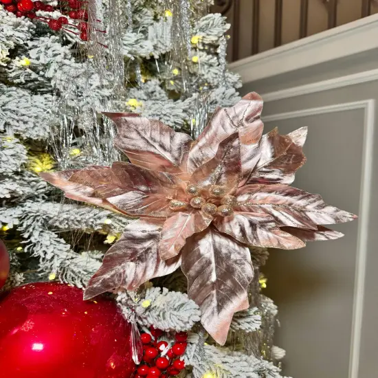 Rose Gold Metallic Poinsettia Flower Stem 14&rdquo; set of 3 {4}