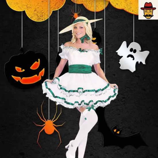 Womens Southern Belle Costume White Dress with Green Ribbon Trim Halloween Party {4}