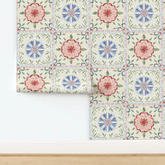Peel & Stick Wallpaper 2FT Wide Cottagecore Faux Tile Floral Botanical Mosaic Flowers Squares Mediterranean Garden Delicate Spring Summer Geometric Leaves Farmhouse Cottage Custom Removable Wallpaper by Spoonflower {2}