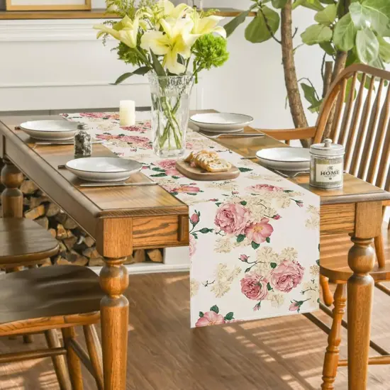 Spring Pink Peony Table Runner 13x72 Inch Spring Pink and Yellow Flowers Kitchen Dinning Table Decoration for Indoor Outdoor Home Party D&eacute;cor {3}