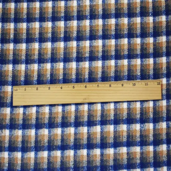 Blue-Beige-White Poly-Wool Single Sided Brush Plaid Jacketing Fabric By the Yard {5}