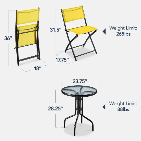 Best Choice Products 3-Piece Patio Bistro Dining Furniture Set w/ Round Textured Glass Tabletop, Folding Chairs Yellow {2}