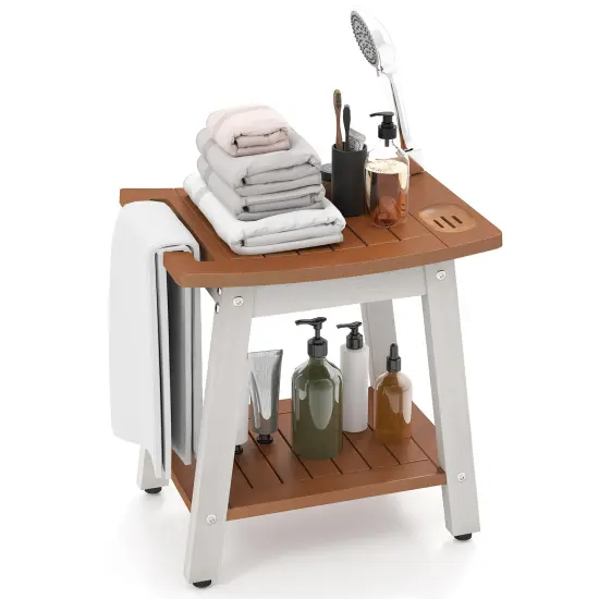 Waterproof Shower Bench Seat with Handle and Storage for Bathroom or Outdoors Brown & White {3}
