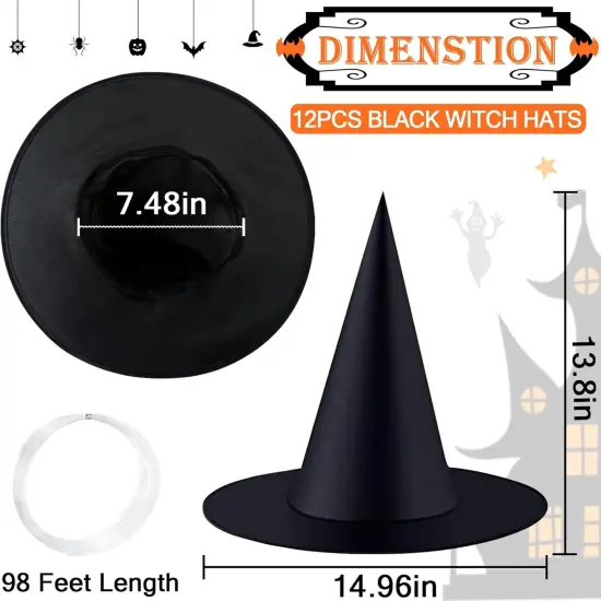 12 Pieces Large Halloween Witch Hats with 98 Feet Hanging Rope {2}