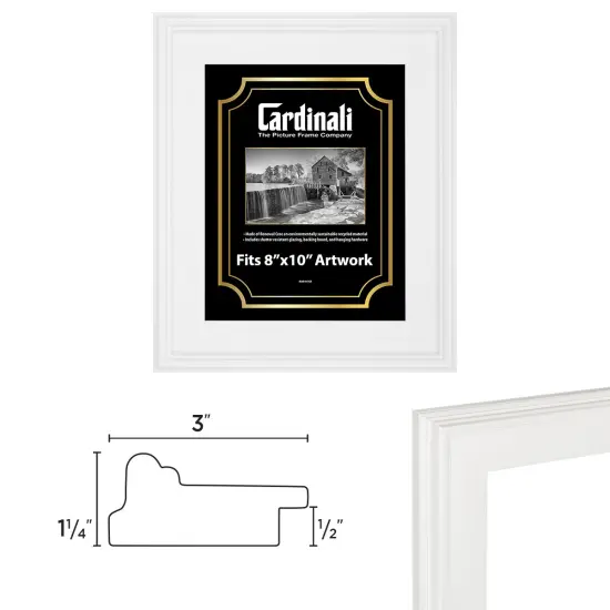 Cardinali Plein Air, White 8x10" Picture Frame with Acrylic Glazing & Cardboard Backing, for Photography or Canvas Frame, 3 Wide Moulding, 1/2 Rabbet Depth, D-Ring Hangers Included {4}