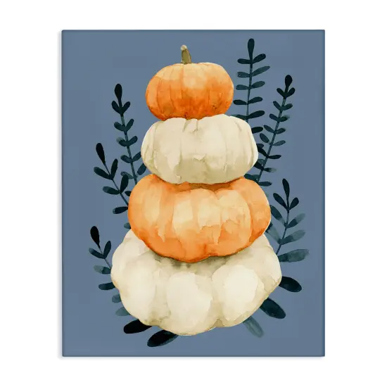 Stacked Fall Pumpkins Botanical Leaves Blue BackgroundCanvas Art {1}