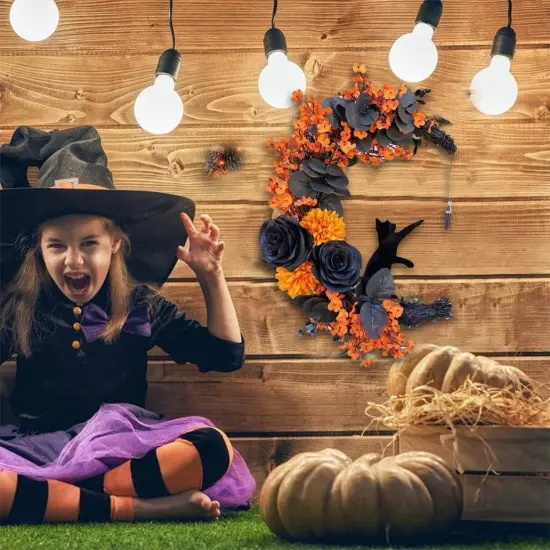 Halloween Wreaths Moon Cat Wreath Garland for Front Door with Lights - Yellow {5}