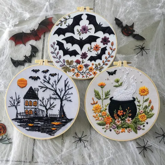 Halloween Embroidery Kit, Halloween Cross Stitch Kit, 4 Set, Adults, Unisex, 6 Inch, Non-Foldable {2}