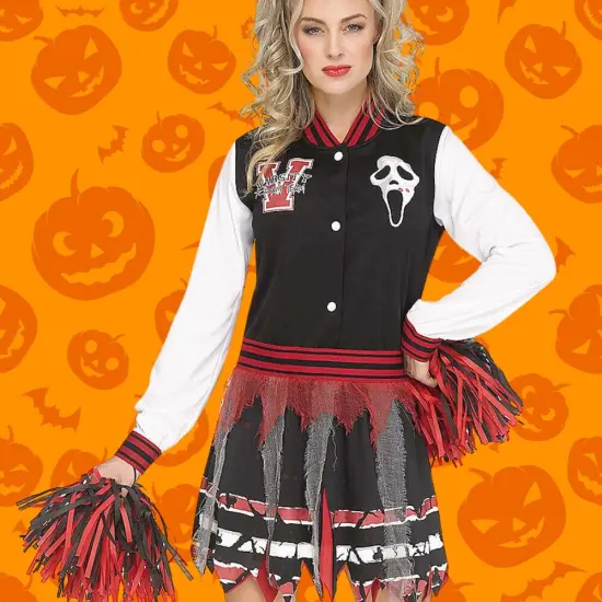 Adult Scream for the Team Costume Halloween Cheerleader Dress Varsity Jacket Skirt Ghost Face Outfit {4}