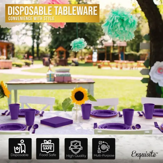 Exquisite 182 Pcs Plastic Plates for Party &ndash; Disposable Plates Set &ndash; 26 Each of 9" Dinner Plates, 7" Dessert Plates, Plastic Cups, Napkins & Plastic Cutlery &ndash; Plastic Dinnerware by Party Solids Purple {4}