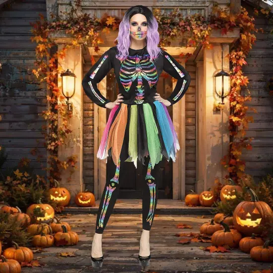 Skeleton Rainbow Foil Costume, Halloween Colorful Skeleton Jumpsuit Party Dress Up Outfit {2}